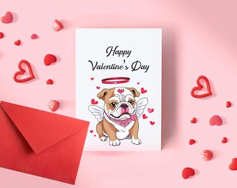 Cupid Bulldog Valentine’s Day Card | Printable Valentine Card for Boyfriend, or Girlfriend | Cute Funny Bulldog Design | Blank Inside