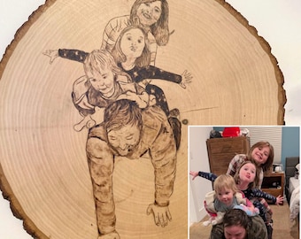 Aangepast familieportret | Handgebrand houten canvas - Wandkleden - Unieke cadeaus - Houtgebrande kunst - Pyrogravurekunst