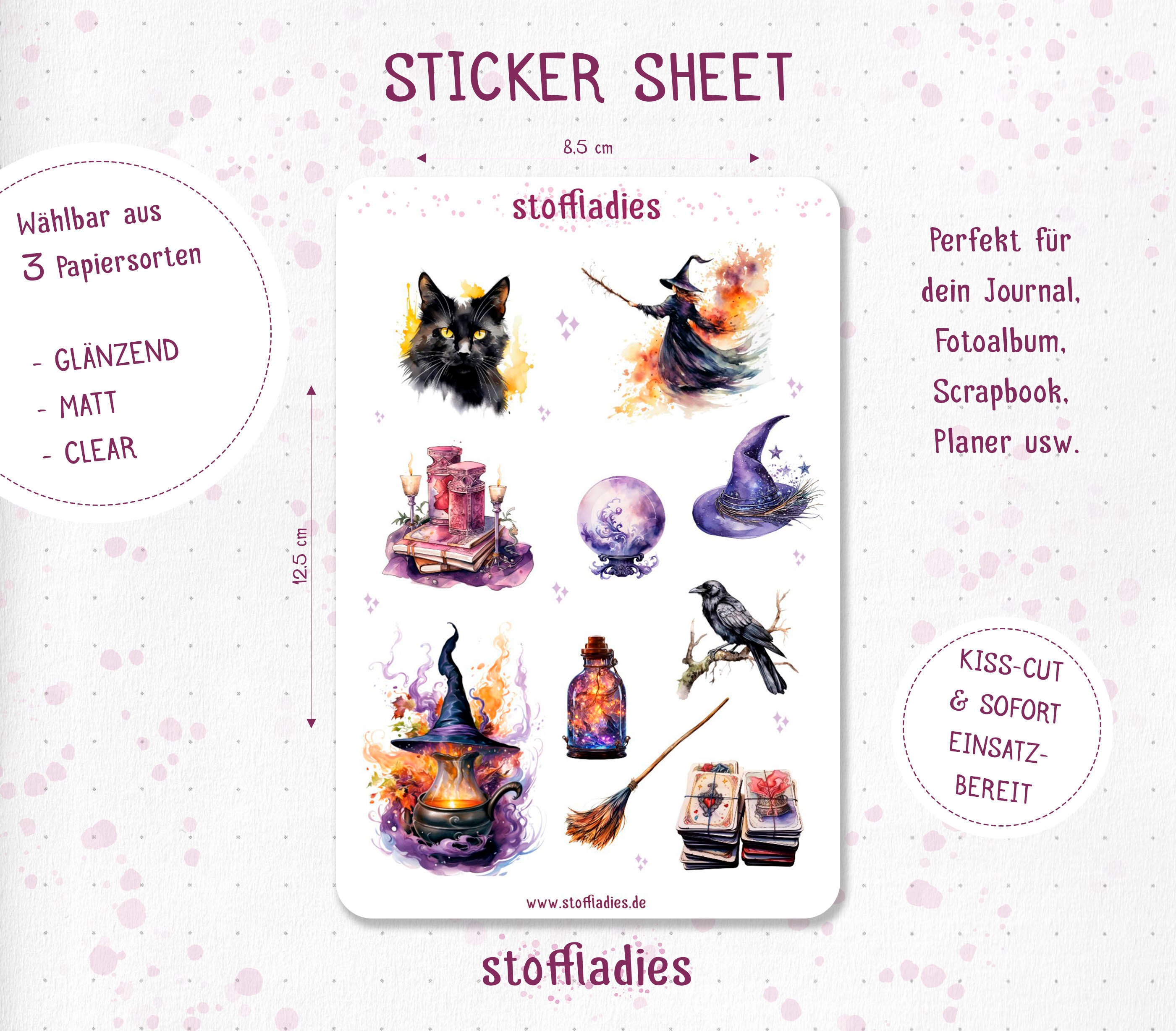 Magie Sticker Set – 2 Bögen Mystische Aufkleber Für Journal, Planer & Mehr (Hexe, Kristall, Tarot)