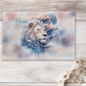 May include: A white lion with a full mane is depicted in a watercolor painting. The lion's head is turned to the side, and its eyes are closed. The background is a soft blue and pink, with clouds and a moon.