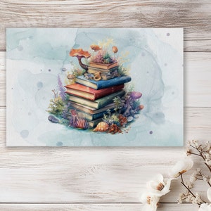 Könnte beinhalten: Ein Aquarellbild eines Stapels Bücher mit einem fantasievollen Unterwasserthema. Die Bücher sind von Korallen, Algen und anderen Meereslebewesen umgeben. Die Bücher sind übereinander gestapelt, wobei das oberste Buch das kleinste ist. Die Bücher sind alle in verschiedenen Farben und haben unterschiedliche Designs.