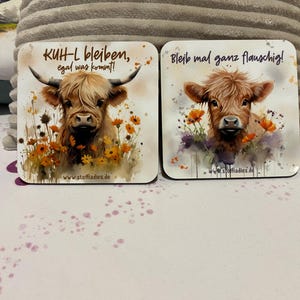 Könnte beinhalten: Zwei quadratische Untersetzer mit Aquarellillustrationen von Highland-Rindern. Einer trägt den Text "KUH-L bleiben, egal was kommt!" und der andere "Bleib mal ganz flauschig!". Beide zeigen die Website-Adresse www.stoffladies.de.