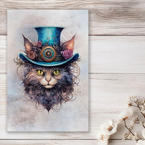 Op de afbeelding: Een fantasievolle illustratie van een kat die een blauwe hoge hoed draagt met tandwielen en rozen. De kat heeft een gedetailleerd, ingewikkeld ontwerp met een steampunk-esthetiek.