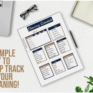 May include: A printable cleaning schedule with a brown and blue color scheme. The schedule is divided into daily, weekly, and monthly tasks. The tasks are listed in a grid format with checkboxes for each task.