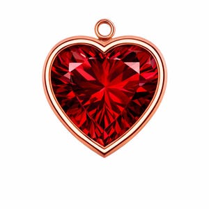 Pode incluir: Um pingente em forma de coração com uma pedra preciosa vermelha escura facetada. A pedra preciosa é colocada em uma moldura de ouro rosa, com um pequeno laço na parte superior para uma corrente. O pingente é uma joia marcante.
