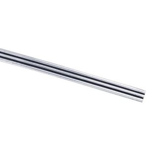 May include: A close-up shot of a shiny, silver metal bar with three parallel grooves running along its length. The bar is angled diagonally across the frame against a white background, highlighting its reflective surface and linear design.
