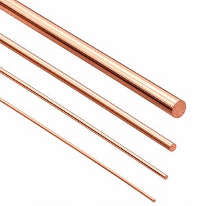 May include: Four straight, cylindrical copper rods of varying diameters arranged diagonally across the frame. Each rod features a smooth, metallic, reddish-brown surface with a polished finish, reflecting light along its length.