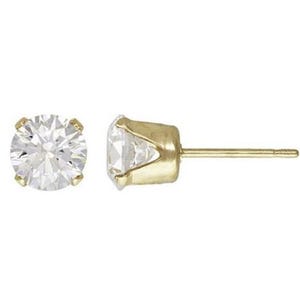 May include: A pair of gold stud earrings with a clear round gemstone in the center.