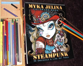 Myka Jelina Steampunk Coloring Book Collection FOUR Autographed Artist Edition 30 pages Fairy Line Art & Grayscale