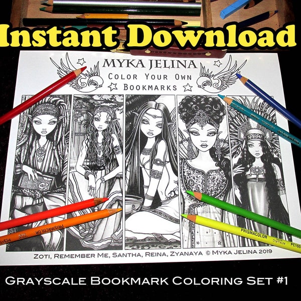 Grayscale Bookmark Set #1 Digital Download Coloring Page Myka Jelina Fairy Art Bohemian Tribal Gypsy Hippie Fantasy Art