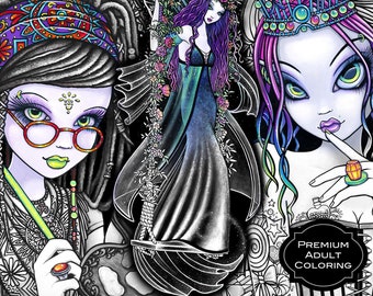 Set 13 - Adult Coloring Pages - Gothic Fairy - Myka Jelina - Fantasy Art - Grayscale - Fairy Book - FREE US SHIPPING - Angels - Bohemian Fae