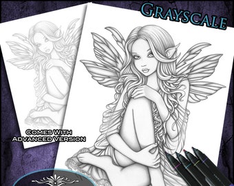 Nalani - Grayscale - Digital Download - Coloring Page - Gothic Fairy - Myka Jelina Art - Celestial Fairy - Elf - Elegant Fae