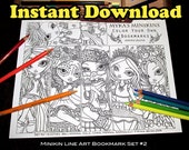 Mykas Minikins Bookmark Set 2 Coloring Page Instant Download Cute Big Eyed Fairy Children Art Sugar Skull Gothic Fairy Mermaid
