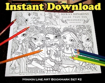 Mykas Minikins Bookmark Set #2 Coloring Page Instant Download Cute Big Eyed Fairy Children Art Sugar Skull Gothic Fairy Mermaid
