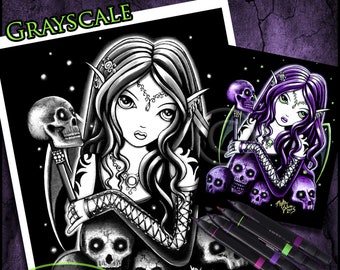 Belladonna - Grayscale - Digital Download - Coloring Page - Gothic Fairy - Myka Jelina Art - Skulls