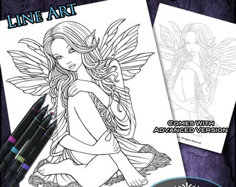 Nalani - Line Art - Digital Download - Coloring Page - Elegant Fairy - Myka Jelina Art - Celestial Fairy - Sitting Fae