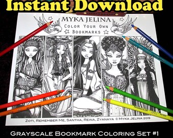 Grayscale Bookmark Set #1 Digital Download Coloring Page Myka Jelina Fairy Art Bohemian Tribal Gypsy Hippie Fantasy Art
