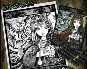 Sirin - Grayscale - Digital Download - Coloring Page - Gothic Angel - Myka Jelina Art - Tribal Angel - Priestess - Headdress - Owl Familiar