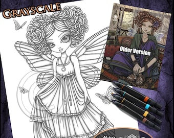 Página para colorear de hadas en escala de grises: Arte bohemio hippie (descarga instantánea)