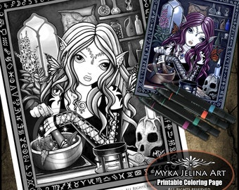 The Alchemist - Grayscale - Digital Download - Coloring Page - Magical Fae - Myka Jelina Art