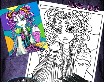 Molly - Line Art - Digital Download - Coloring Page - Icecream Sundae - Myka Jelina Art - Soda Shop - Big Eyed Fairy