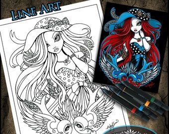 Emma - Line Art - Digital Download - Coloring Page - Rockabilly Fairy - Myka Jelina Art - Retro Fae - Swallow Love Birds