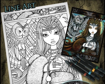 Sirin - Line Art - Digital Download - Coloring Page - Tribal Angel - Myka Jelina Art - Owl Familiar - Headdress - Tattoo Fae