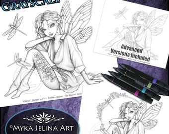 Cassie - Grayscale - Digital Download - Coloring Page - Dragonfly Fairy - Myka Jelina Art - Flower Tattoo