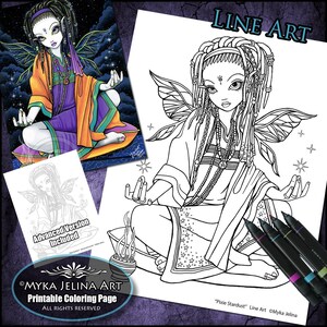 Puede incluir: Página para colorear de arte de línea con un hada con el pelo largo y trenzado, vestida con una túnica larga y sentada en una postura meditativa. El hada tiene alas grandes y está rodeada de estrellas. El texto "Pixie Stardust" y "Line Art" está incluido en la imagen.