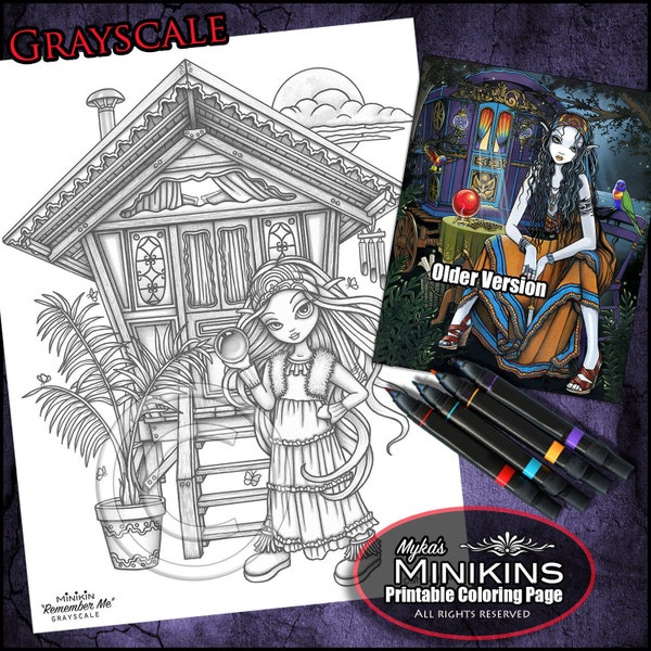 Minikin Remember Me - Grayscale - Instant Download - Coloring Page - Vardo - Gypsy Caravan - Bohemian Kid - Children Art - Big Eyed Fairy