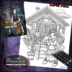 May include: A black and white line art coloring page featuring a young girl with long hair holding a crystal ball. She is standing in front of a small house with a palm tree and a set of wind chimes. The text "LINE ART" is at the top of the page.