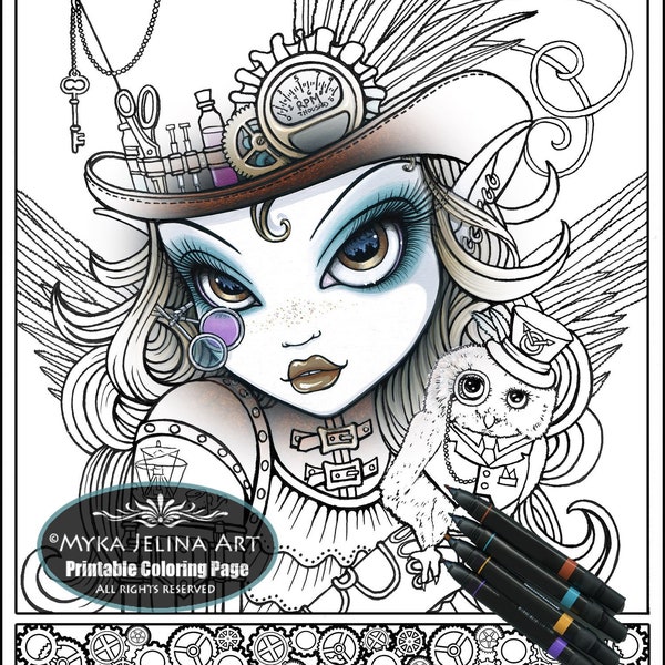 Jewels & Vern Line Art Digital Download Single Coloring Page Myka Jelina Art Gothic Couture Steampunk Fairy Owl Familiar