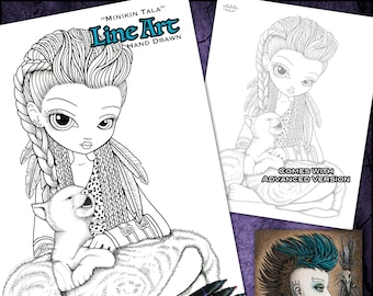 Minikin Tala Line Art - Instant Download - Coloring Page - Tribal - Children Art - Big Eyed Fairy - Baby Wolf