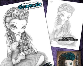 Minikin Tala Grayscale - Instant Download - Coloring Page - Tribal - Children Art - Big Eyed Fairy - Baby Wolf