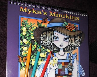 Myka's Minikins Bound Coloring Book #2 Autographed Artist Edition Big Eyed Child Fairy Line Art & Grayscale