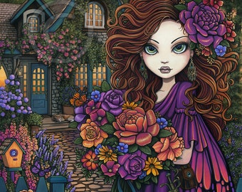 Sunset Flower Fairy Garden Bohemian Cottage Path Signed Myka Jelina Art Prints