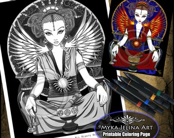 Solara Grayscale Coloring Pages Digital Download Asian Fire Fairy Sun Celestial Fae