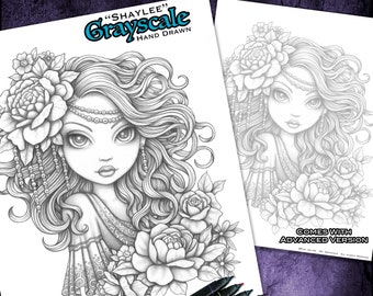 Shaylee Grayscale Hand Drawn Coloring Page Digital Download Flower Fairy Myka Jelina Art Elegant Fae