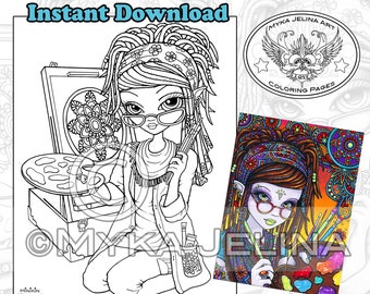 Minikin Dreamer - Line Art - Instant Download - Coloring Page - Artist Child - Mandala - Big Eyed - Dreadlocks - Bohemian Fairy