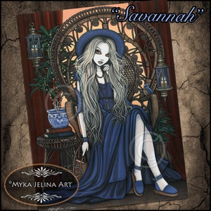 May include: A woman with long white hair sits in a wicker chair. She is wearing a blue dress, a blue hat, and blue shoes. She is holding a book and a bag. The chair is decorated with flowers and a bird. The background is a sunset.