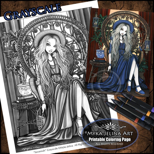 Savannah Grayscale Digital Download Coloring Page Gothic Bohemian Peacock Chair Relaxing Blue Fairy Myka Jelina Art