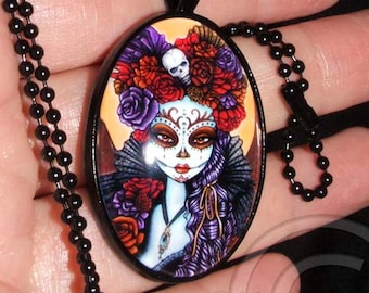 Dalia Suger Skull Dia De Muertos Flower Mictecacihuatl Black Glass Cameo Necklace Calaca