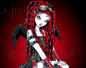 Crimson Cybergoth Industrial Tattoo Fire Fairy Signed Art Prints