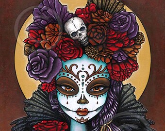 Dalia Dia De Muertos Calaca Flowers Signed Print Festival Mictecacihuatl Sugar Skull