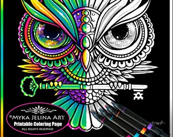 Crystowl - Grayscale - Digital Download - Coloring Page - Psychedelic Rainbow Owl - Myka Jelina Art -  Big Eyed - Trippy Hippie - Key