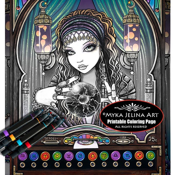 Lumina - Grayscale - Digital Download - Coloring Page - Bohemian - Gypsy - Myka Jelina Art - Fortune Teller - Zodiac Symbols