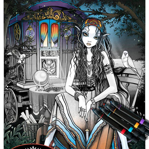 Remember Me - Grayscale - Digital Download - Coloring Page - Bohemian - Gypsy - Myka Jelina Art - Vardo - Fortune Teller - Rainbow Lorikeets