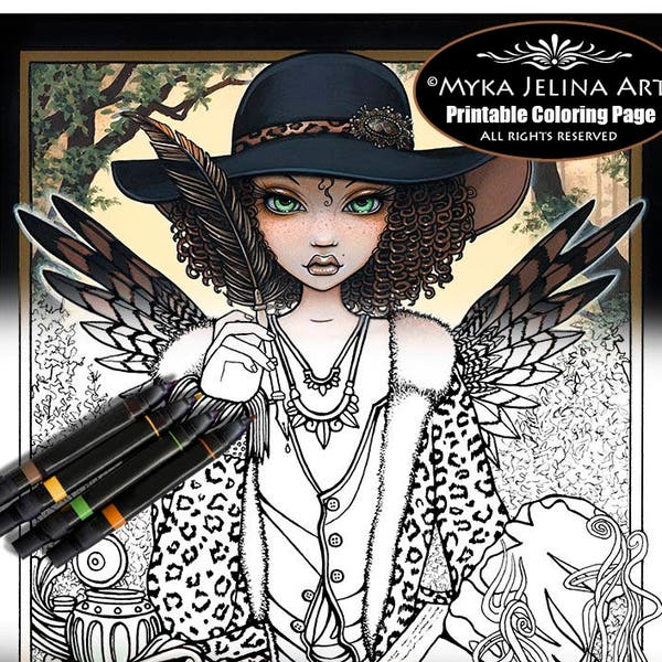 Willa Bohemian Fairy Digital Download Coloring Page Line Art Myka Jelina Art Forest Gypsy Hippie Boho Girl