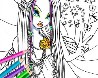 Chloe Peace Digital Download Coloring Page Line Art Myka Jelina Art Butterfly Hippie Flower Child