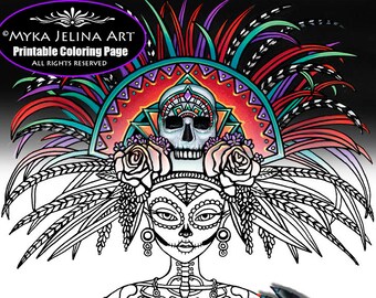 Beautiful Bones - Day of the Dead - Download - Coloring Page - Line Art - Myka Jelina - Dia De Muertos - Mictecacihuatl - Sugar Skull